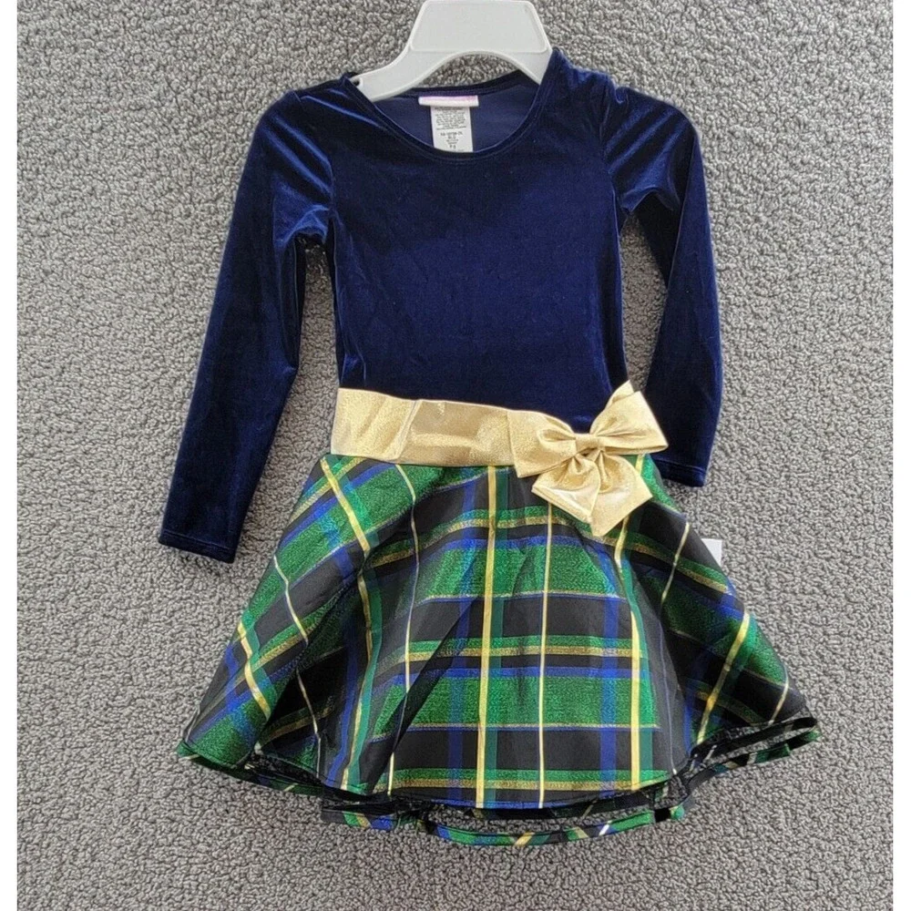 BONNIE JEAN Long Sleeved Velvet Bodice Dress Girl's 5 Navy/ Green w/ Bow - Picture 1 of 15
